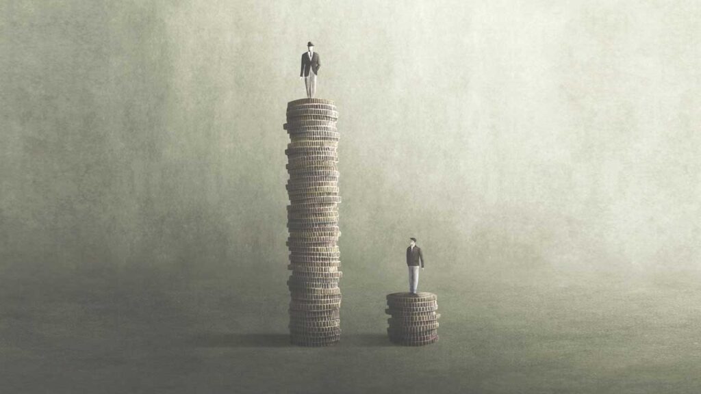 art image of people standing on stacks of coins