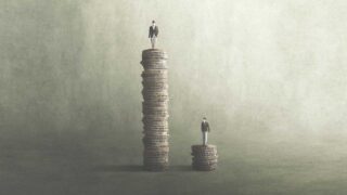 art image of people standing on stacks of coins
