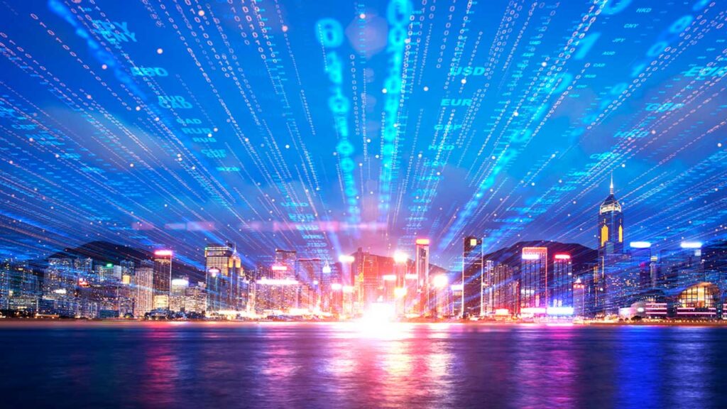 binary code in the sky over a coastal city