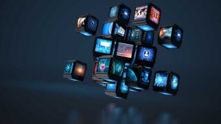 digital screens flying through space