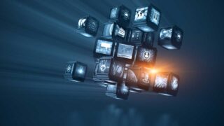 cubes flying through space with screens
