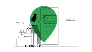 woman entering data luggage into phone graphic