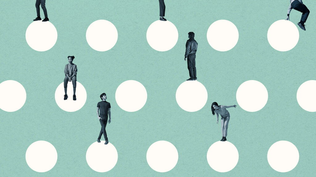 graphic of people standing on polkadots