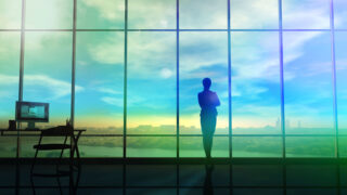 woman looking out huge windows