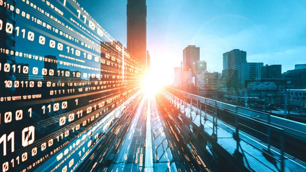 binary code on photo of skyline