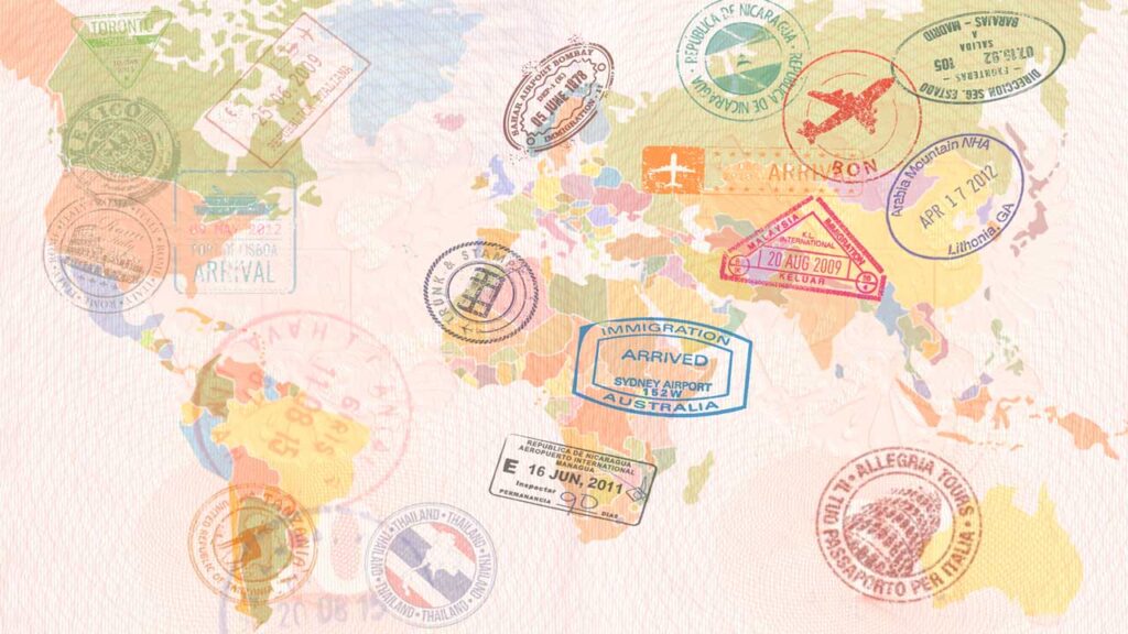 travel stamps on a world map