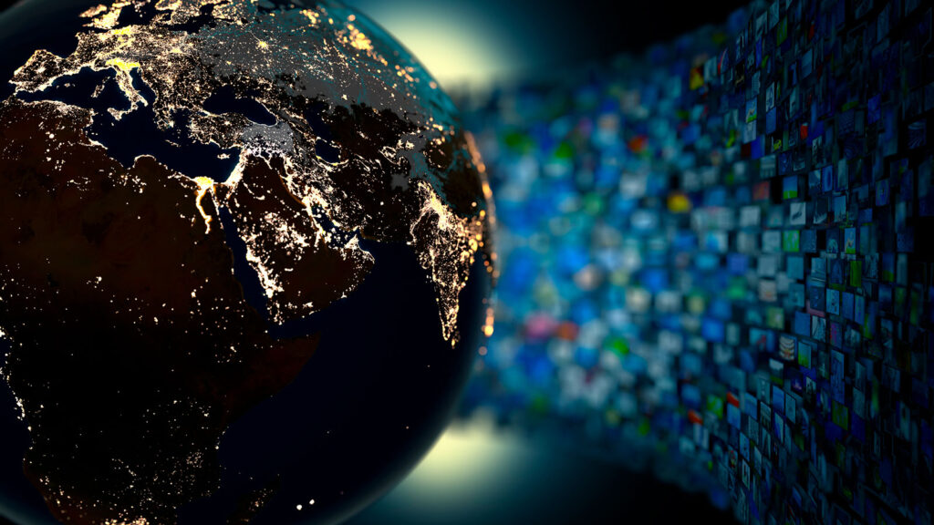 globe with hundreds of screens in the background