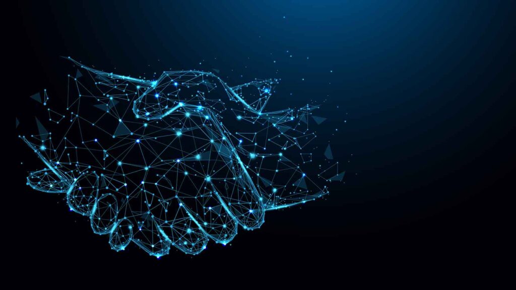 graphic image of hand shake made of data points