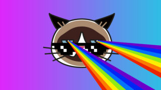 meme of cat with rainbow eyes