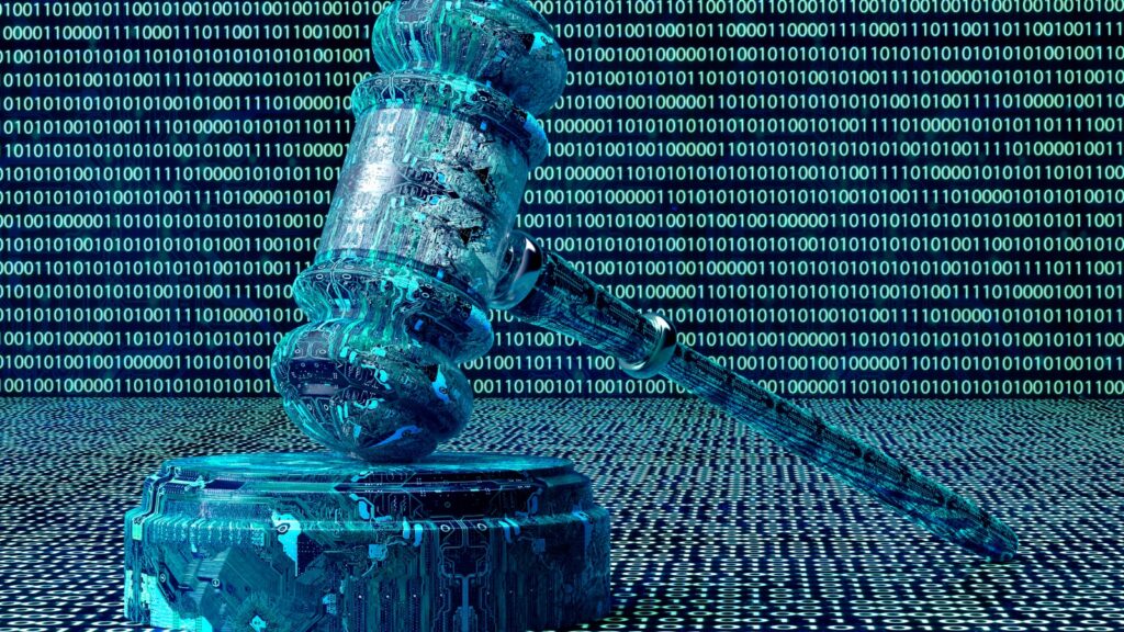 digital gavel against binary code