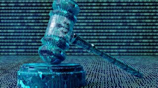 digital gavel against binary code