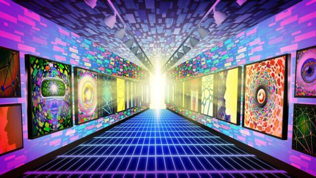 graphic of futuristic hallway of screens