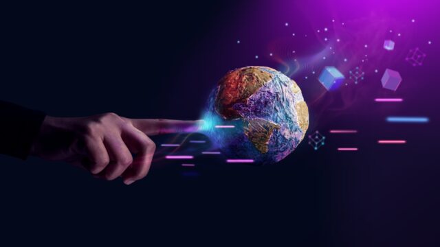 finger in space pointing at planet