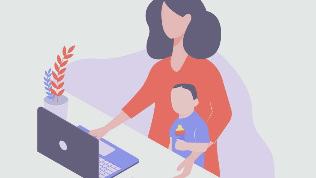 graphic of mom trying to work holding a child