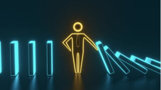 neon graphic of man in dominoes