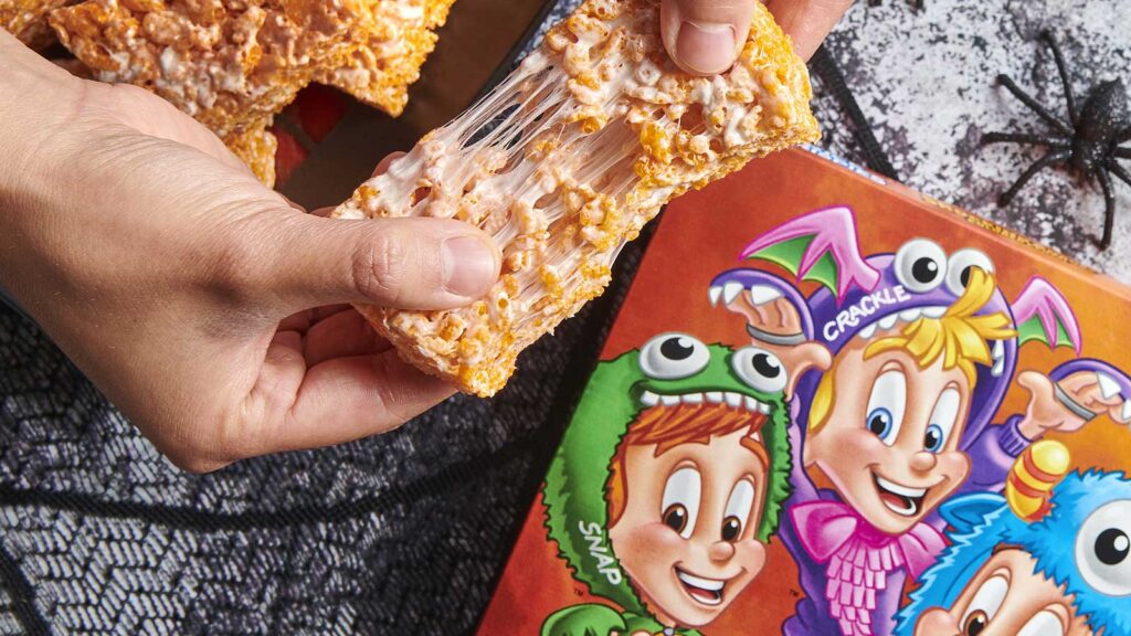 rice krispy treat being stretched and gooey