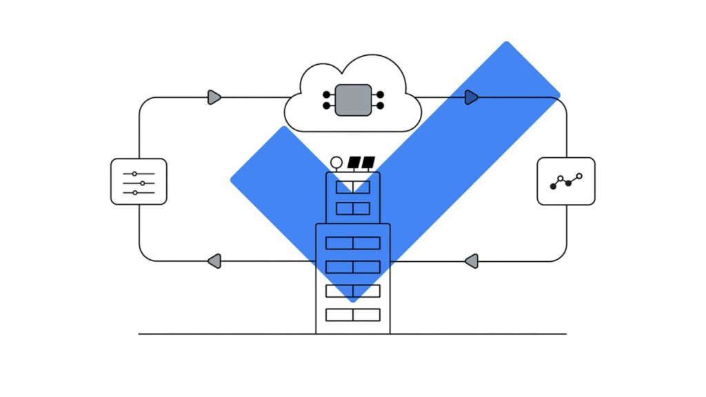 Illustration of a blue checkmark overlayed atop of a machine