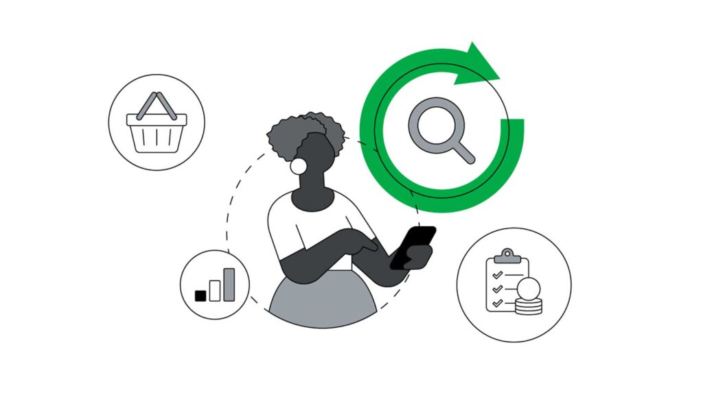 Illustration of a woman surrounded by icons
