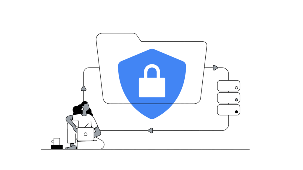 An illustration of a woman using a secured laptop