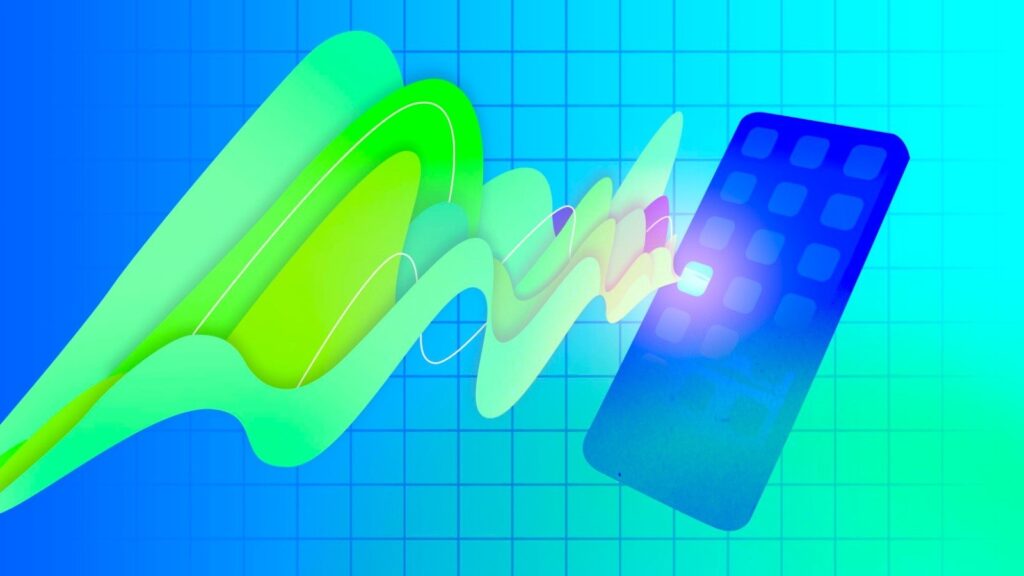 graphic of wave forms coming out of phone app icon in blues and greens