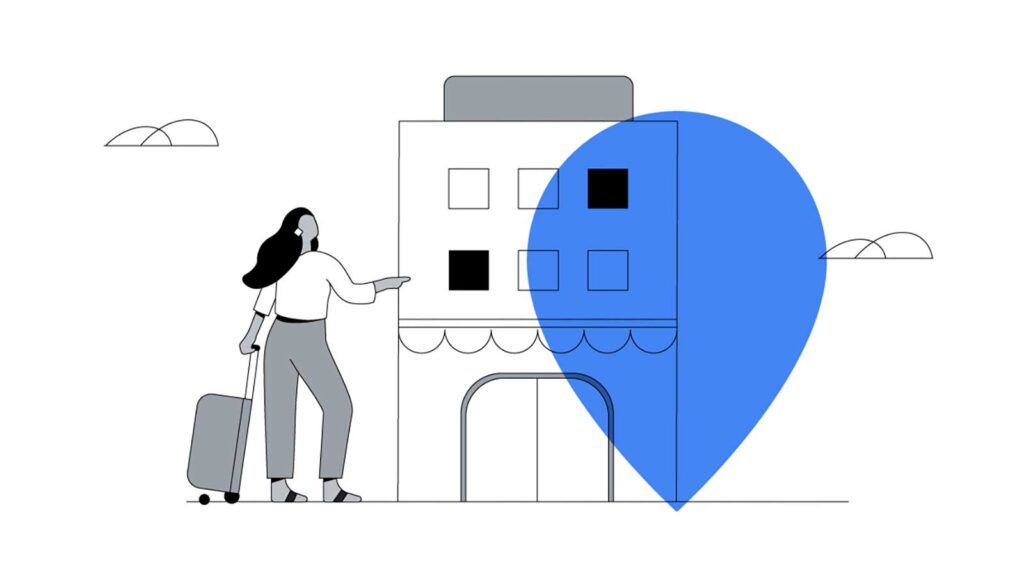 Illustration of a woman with a suitcase about to visit a hotel