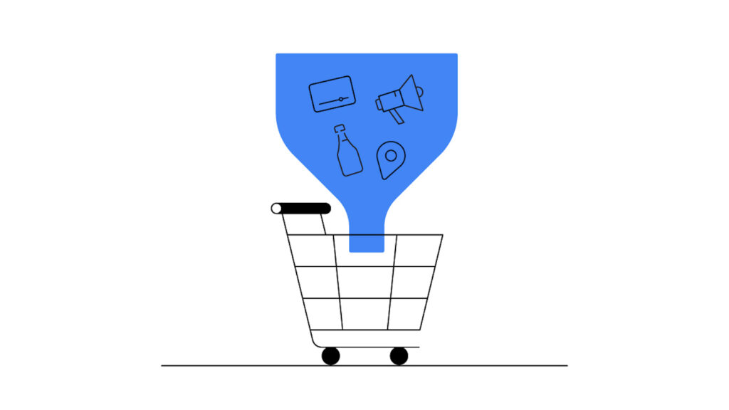 Illustration of a shopping cart being filled by a funnel