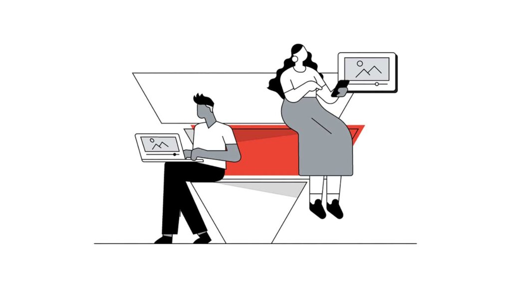 An illustration of a man and a woman using a laptop and a mobile device, respectively