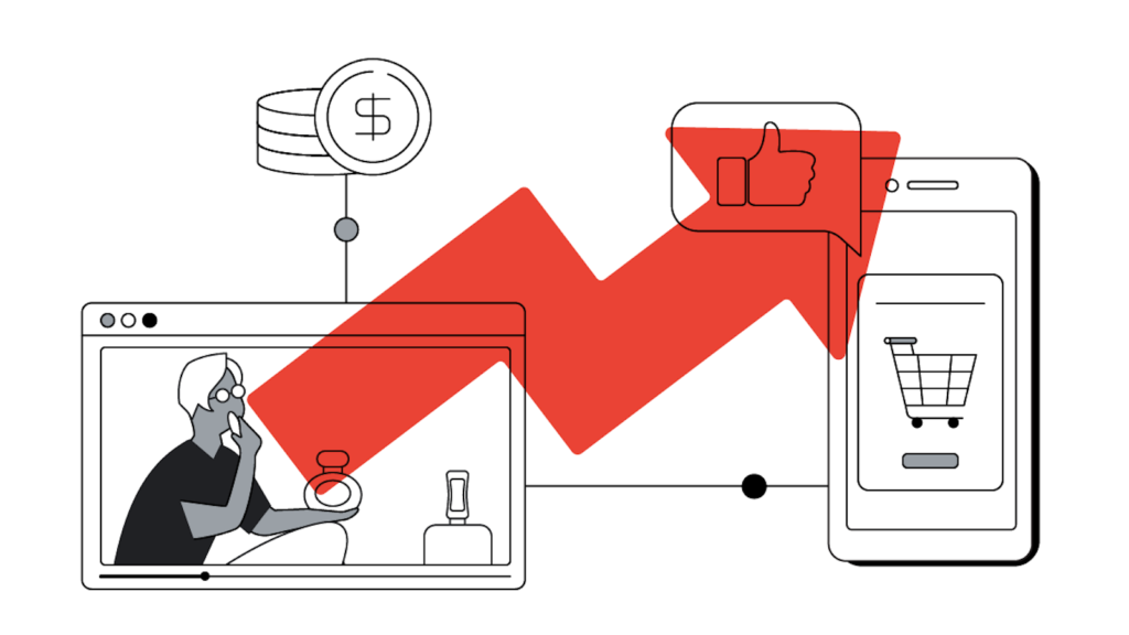 An illustration of a marketer using social media on mobile devices