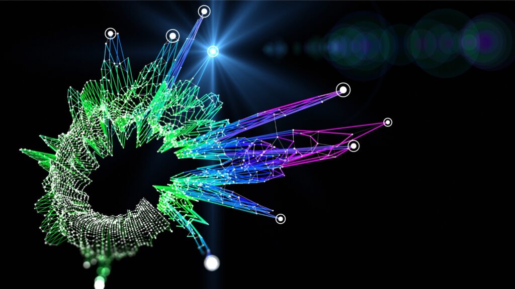 Abstract background with polygonal grid analyze and lense effect. Analytics algorithms data. Big data. Quantum cryptography concept.