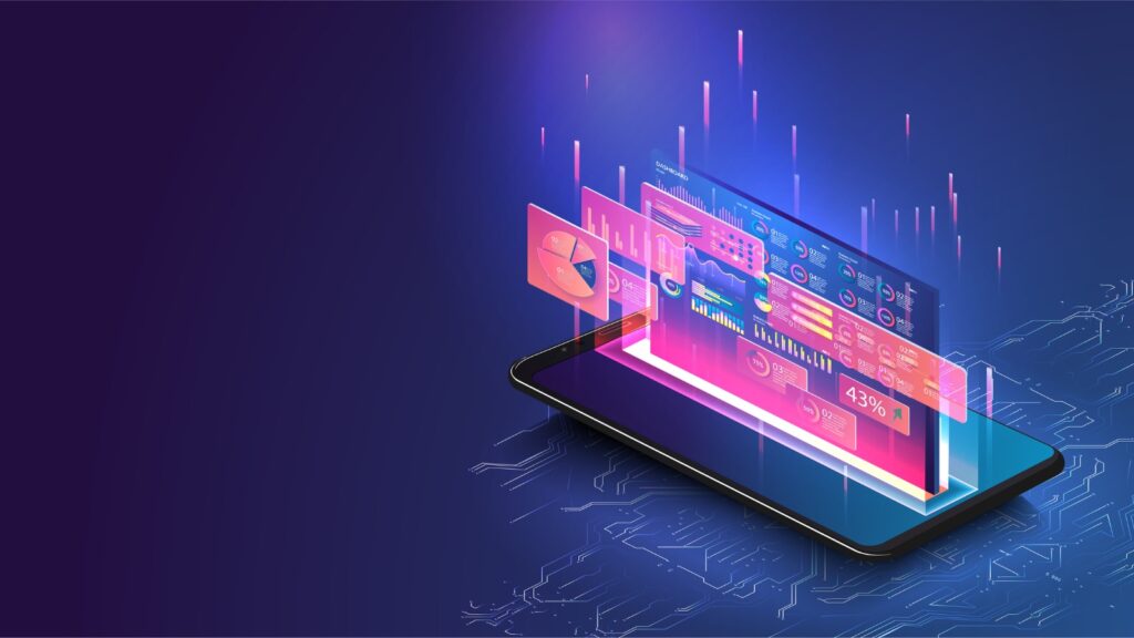 Data statistics. Web Banner. Graph and analytics data on isometric mobile phone. Modern landing page design.