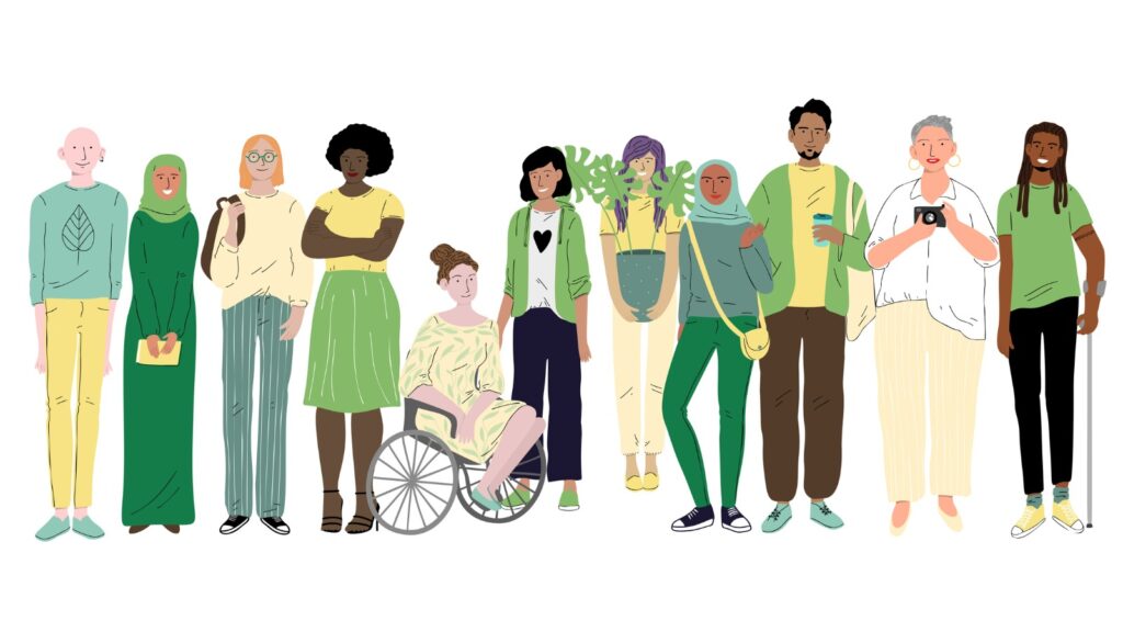 Group of different young people. Social diversity stock illustration