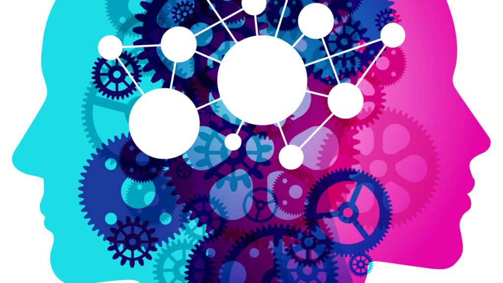 graphic of teal and pink face silhouettes with gears and data points overlayed