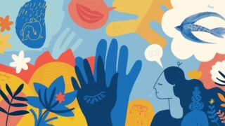 Illustrated collage of mindfulness and wellness images