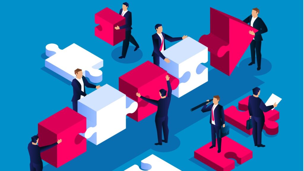 graphic of men in suits putting together puzzle pieces