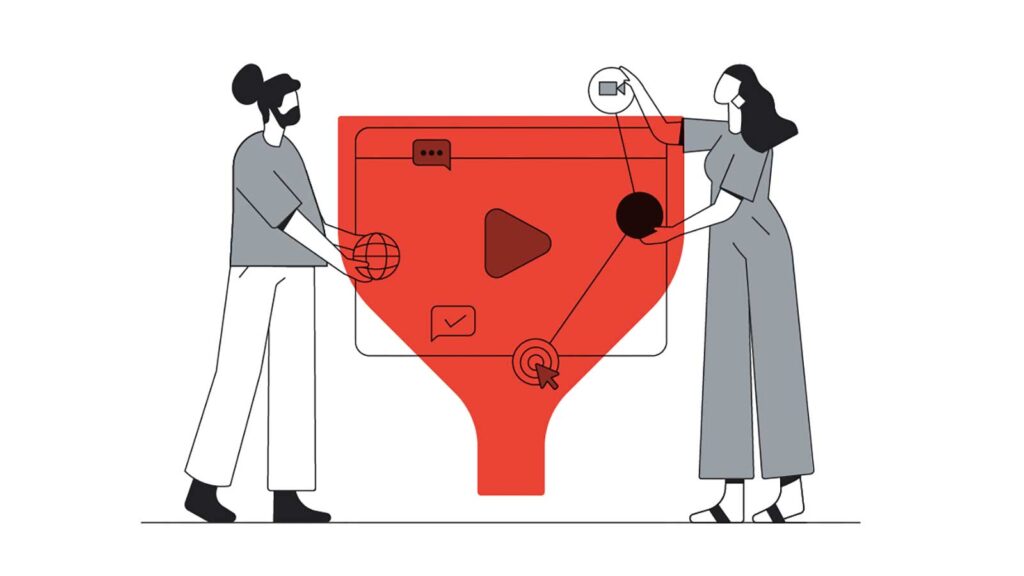 An illustration of two people using a large funnel for video and media