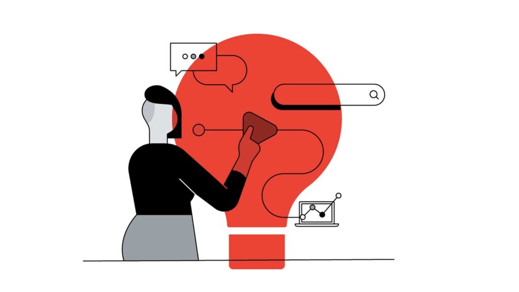 An illustration of a woman pressing the PLAY button on a red lightbulb