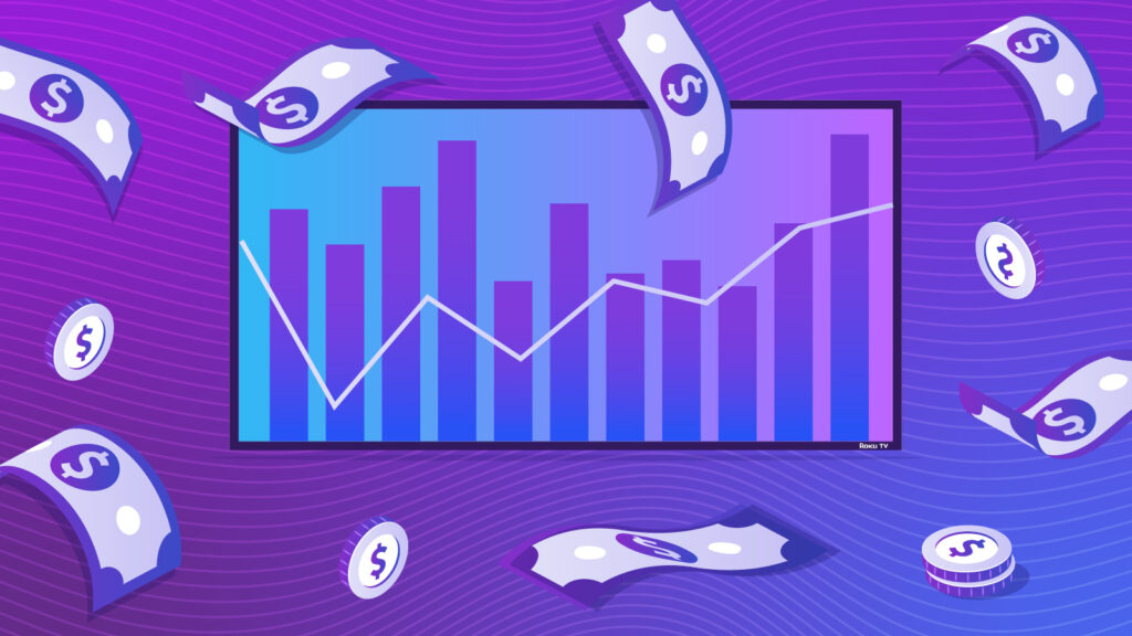 Illustration of a bar chart on a television screen surrounded by money