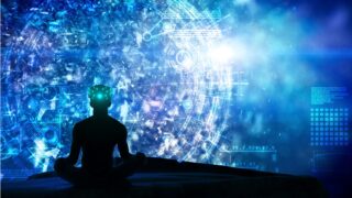 Concept image of a person meditating within a field of virtual data.