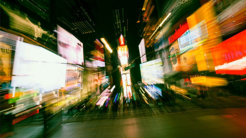 Artistically blurred photo of digital billboards in New York City