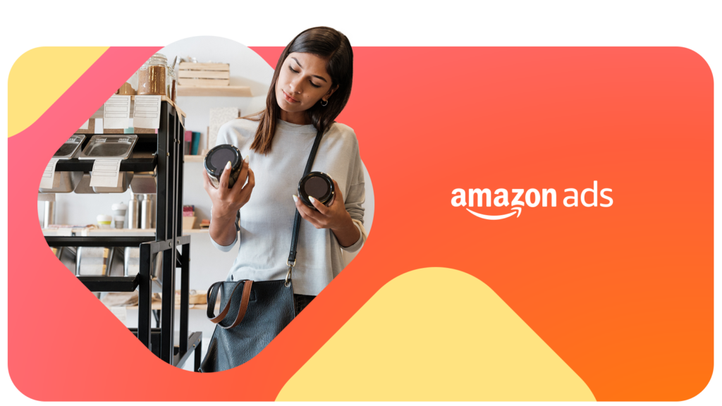 Woman shopping next to the amazon ads logo