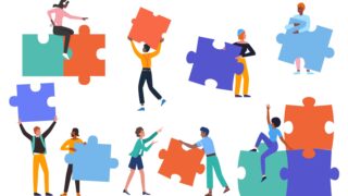 People hold puzzle jigsaw, challenge concept set, holding colorful puzzle pieces