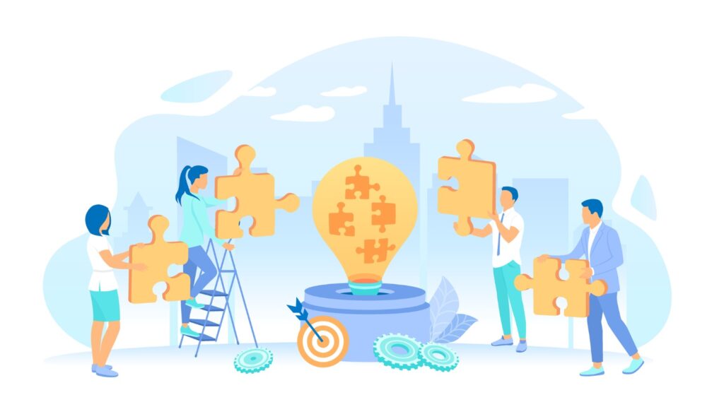 Illustration: People put puzzles into a big light bulb.