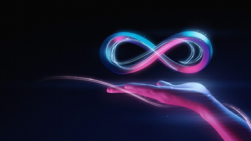 Hand holding virtual reality infinity symbol community connection of metaverse