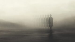 Illustration of surreal man disappearing in the fog, abstract concept stock illustration