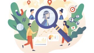 Target audience, customers outreach. Tiny people set up advertice on social networks. Business goal concept. Digital targeting marketing, sales generation. Modern flat cartoon style.
