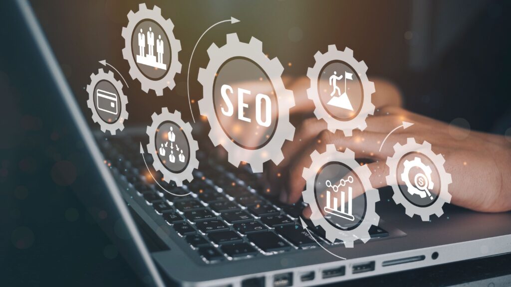Businessmen using a computer to SEO search engine optimization banner web icon for business and marketing, traffic, ranking, optimization, link and keyword. stock photo