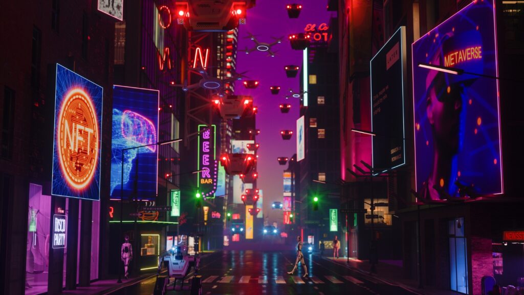 Metaverse Cyberpunk Style City With Robots Walking On Street, Neon Lighting On Building Exteriors, Flying Cars And Drones stock photo