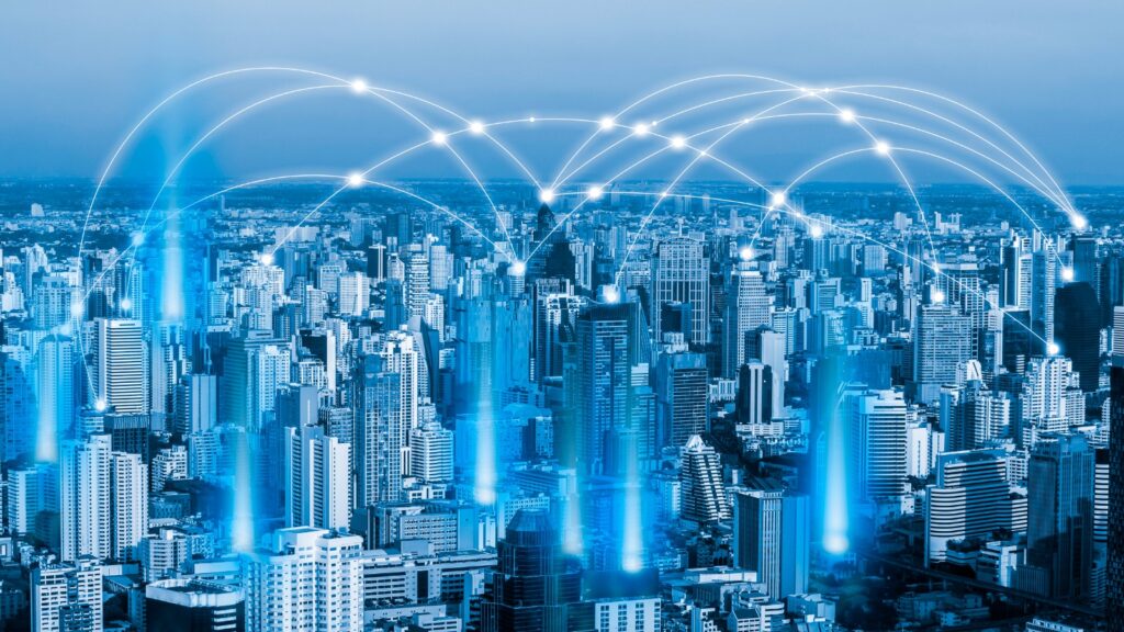Smart city and network communication. And data transformation on public. stock photo
